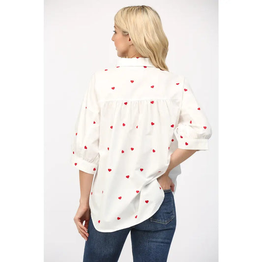 Heart Short Sleeve Puff Button Down