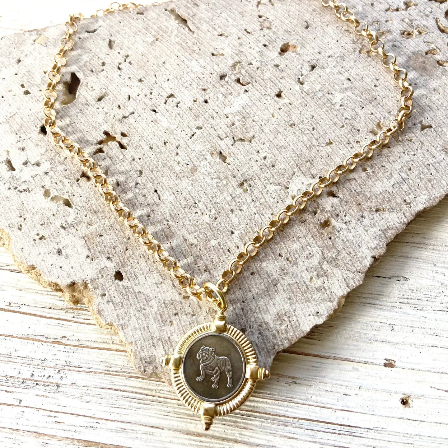 Bulldog Gold Coin Pendant Necklace