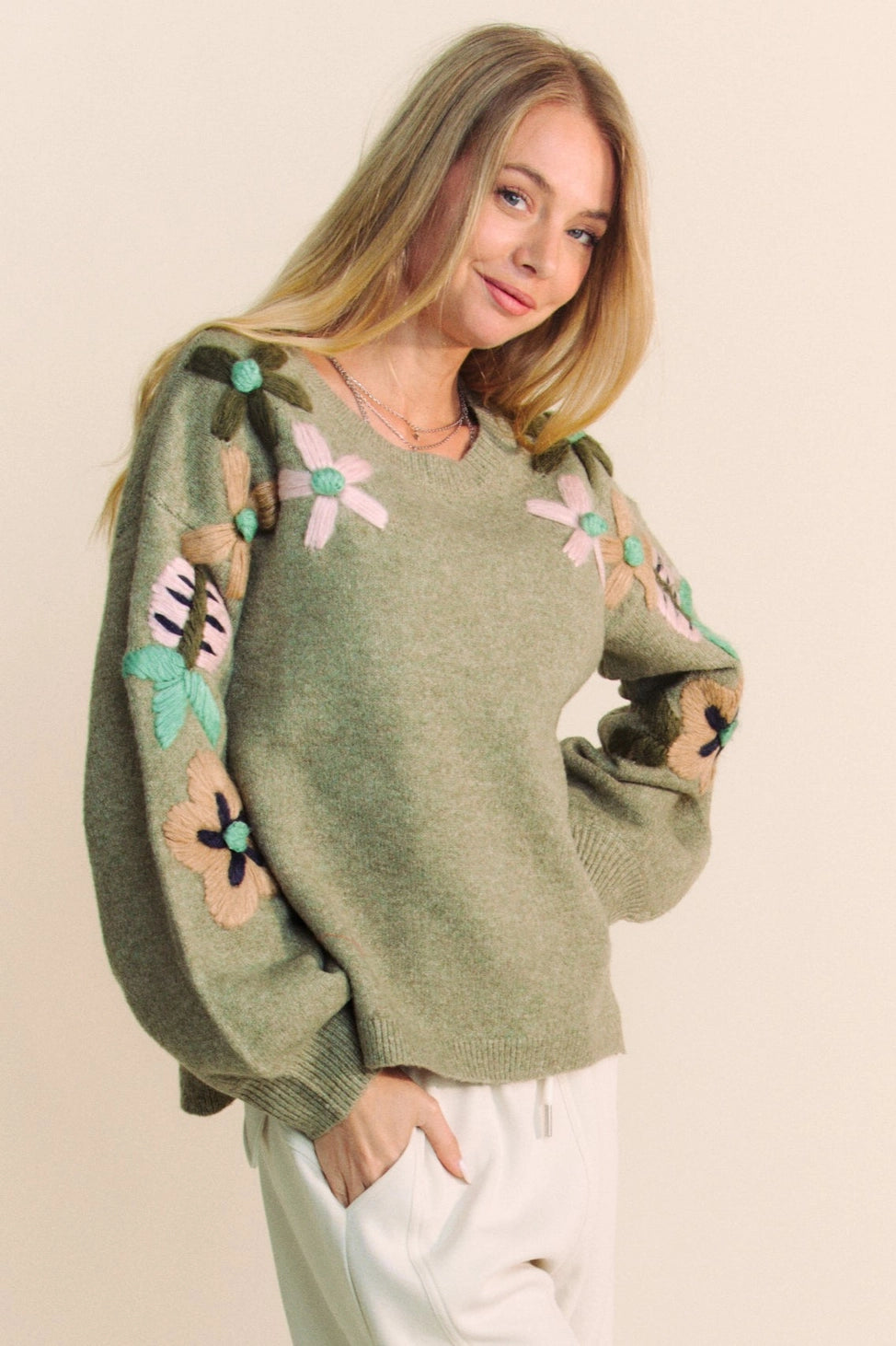 Olive Sage Flower Embroidered Loose Fit Sweater