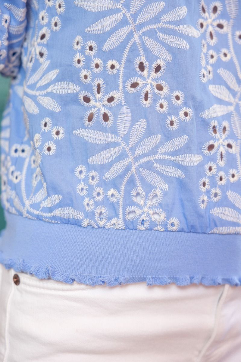 Leaf Embroidered Eyelet Bubble Sleeve Top Lt Blue