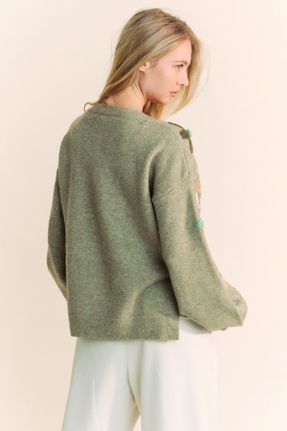 Olive Sage Flower Embroidered Loose Fit Sweater