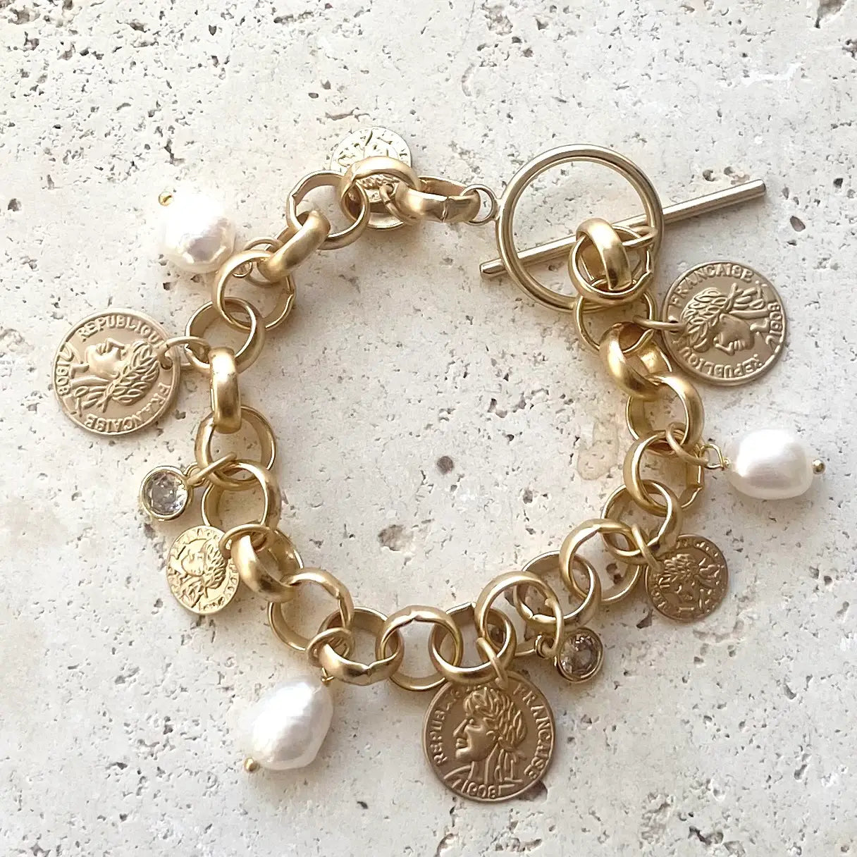 French Coin Charm Bracelet With Pearls