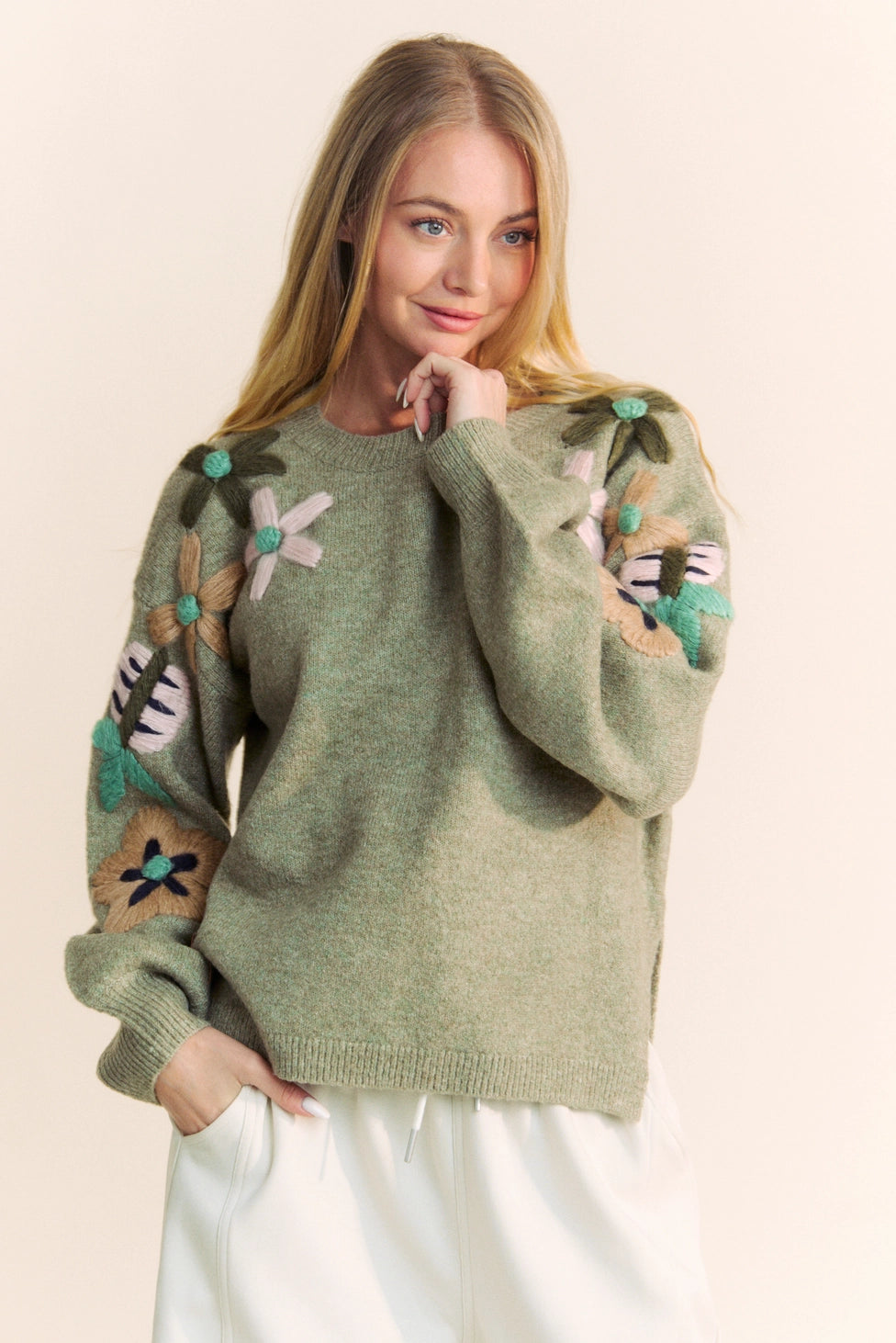 Olive Sage Flower Embroidered Loose Fit Sweater