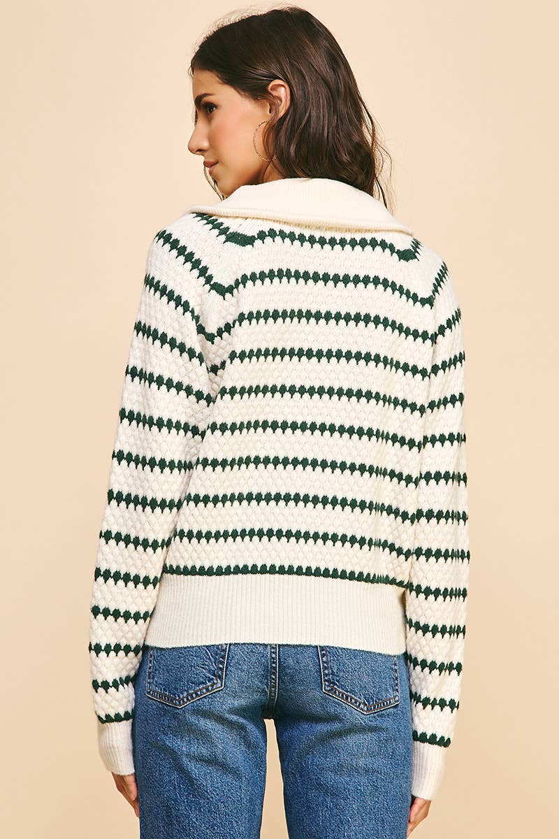 Striped Collared Sweater Top Hunter Green Quarter Zip