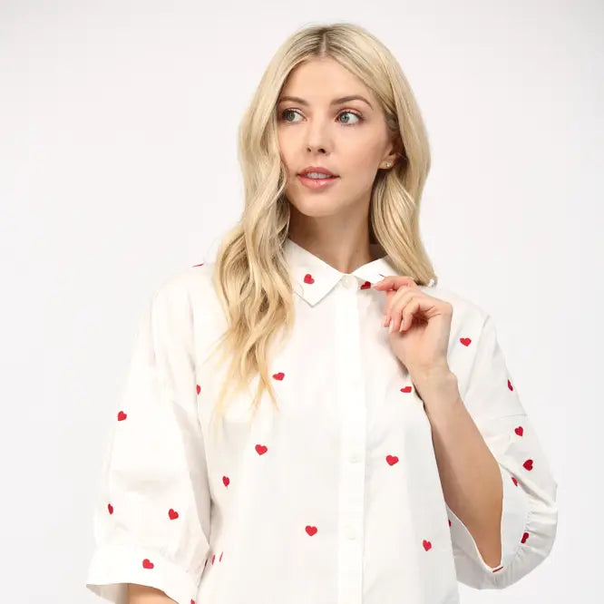 Heart Short Sleeve Puff Button Down