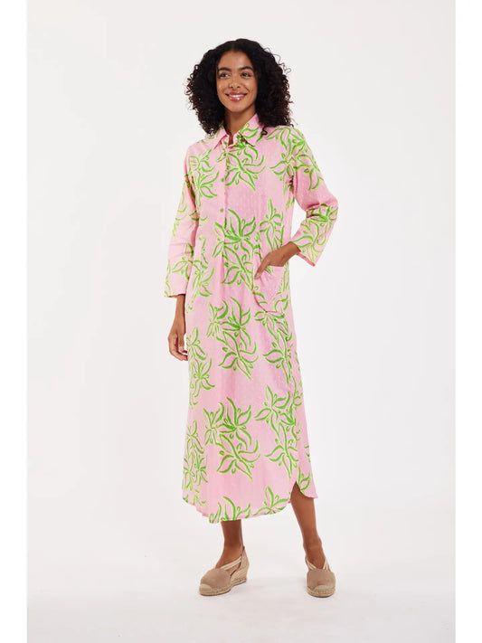 Flower Candy Pink Lime Maxi Caftan Shirt Dress