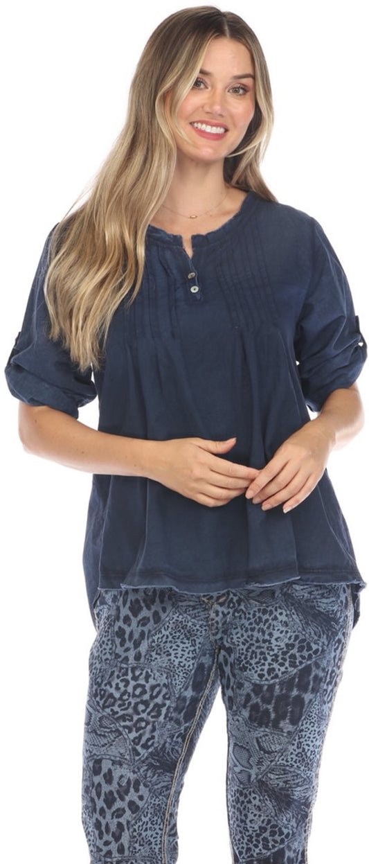 Flora Ashley Two Button 3/4 Sleeve Blouse Navy