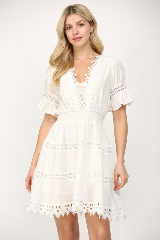 Lace Trim Short Sleeve Dress White