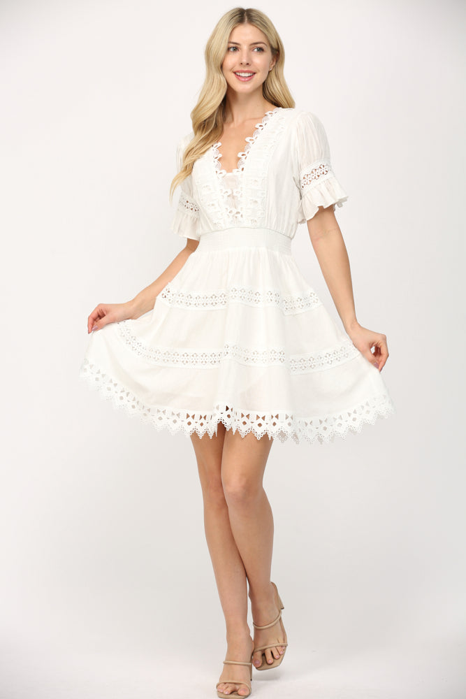 Lace Trim Short Sleeve Dress White