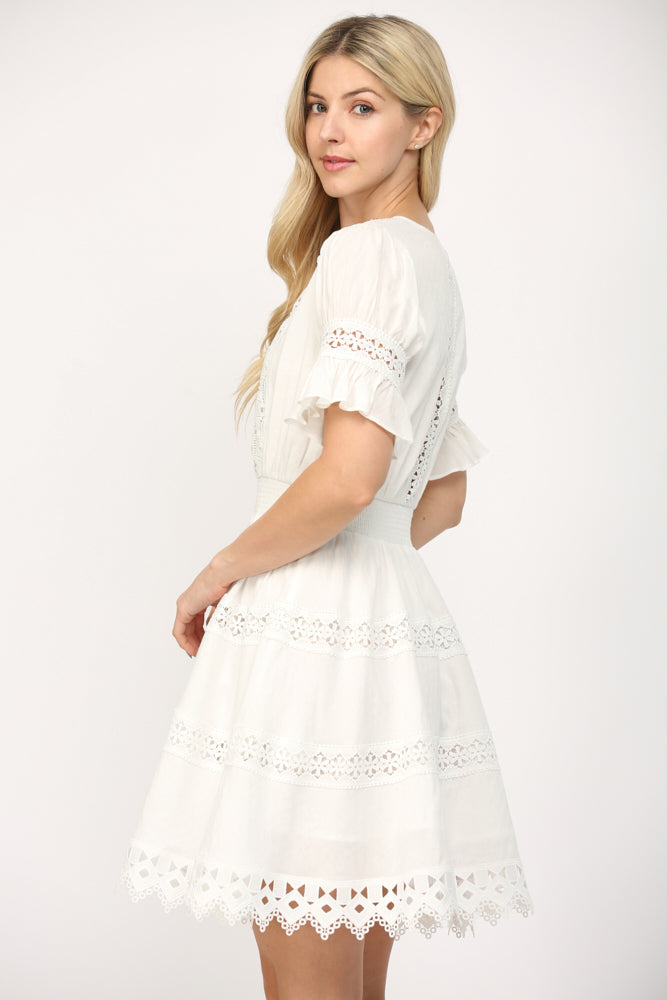 Lace Trim Short Sleeve Dress White