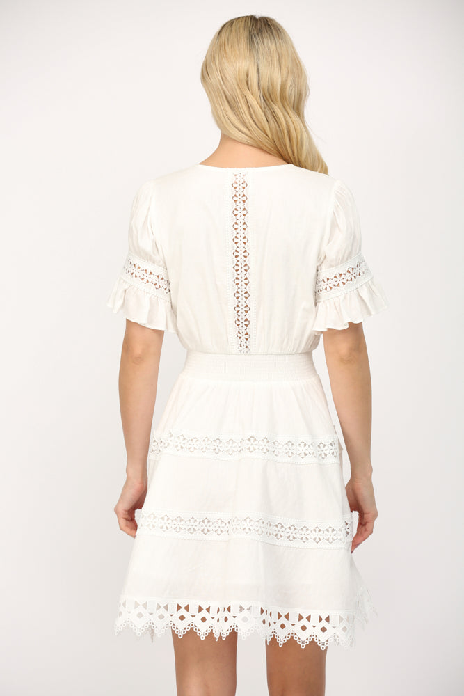 Lace Trim Short Sleeve Dress White