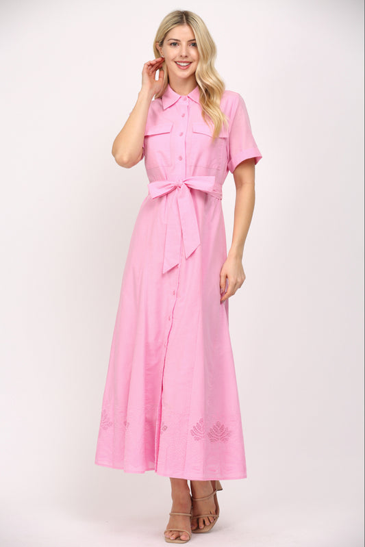 Embellished Hem Button Down Midi Shirt Dress Pink