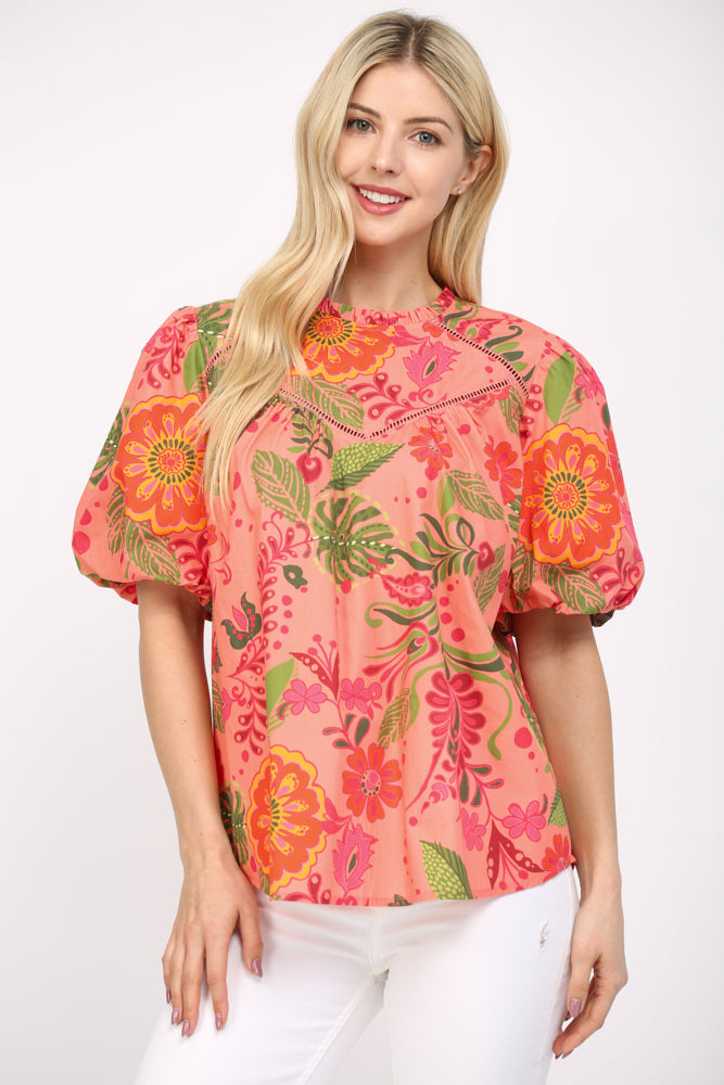 Lace Trim Floral Cotton Poplin Top