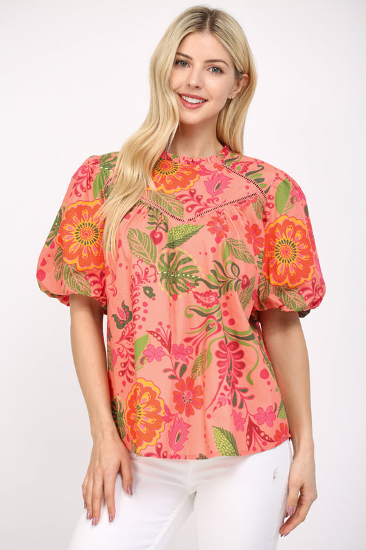 Lace Trim Floral Cotton Poplin Top