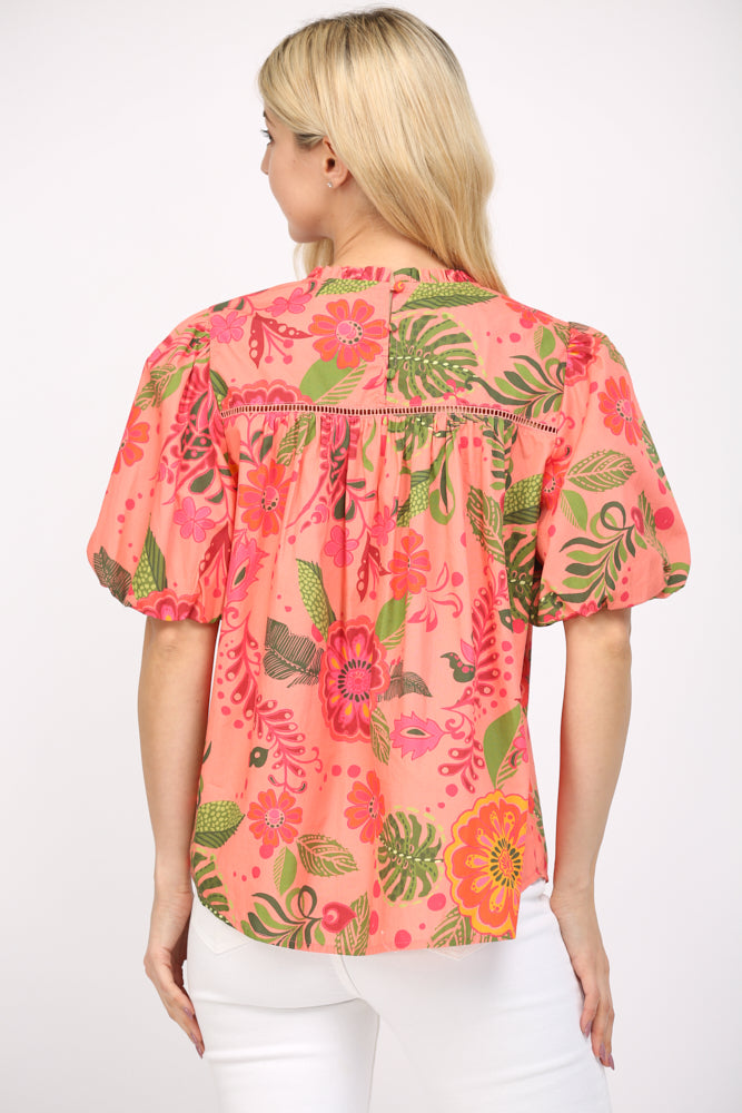 Lace Trim Floral Cotton Poplin Top