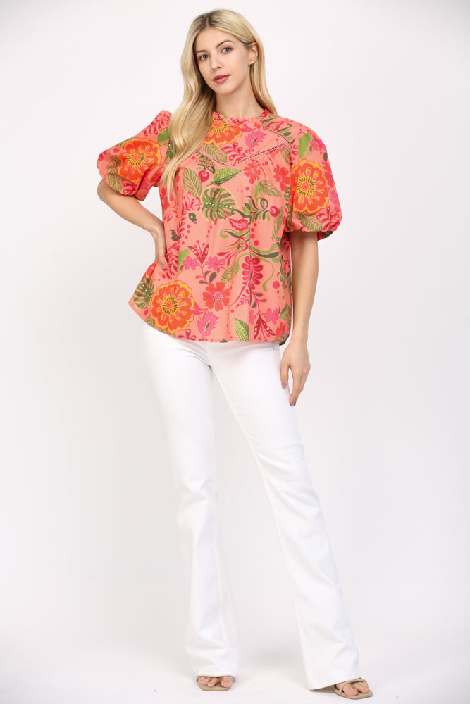 Lace Trim Floral Cotton Poplin Top