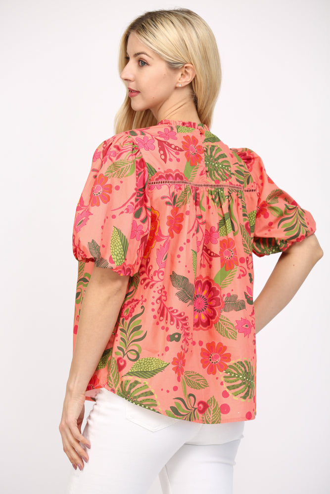 Lace Trim Floral Cotton Poplin Top