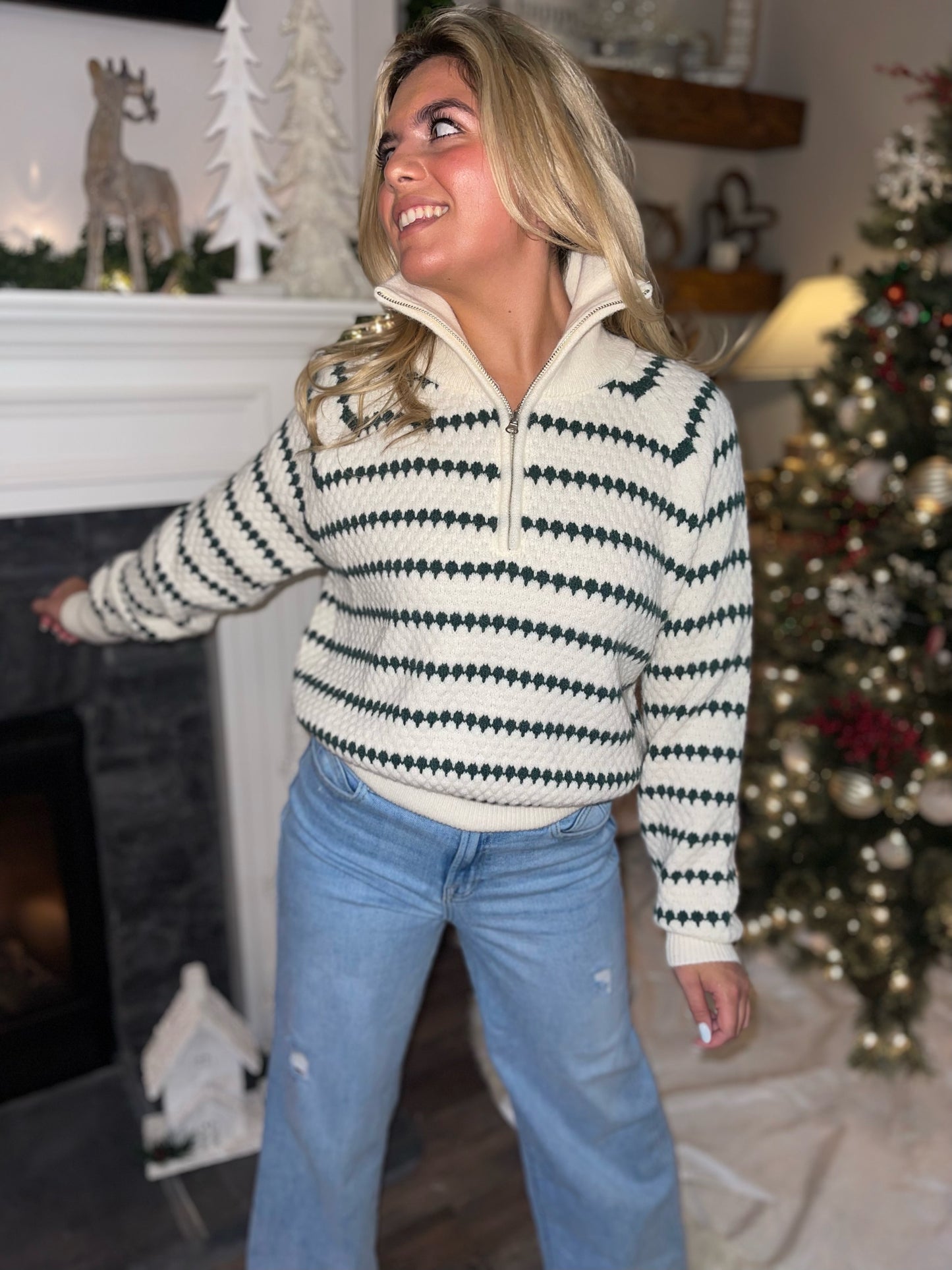 Striped Collared Sweater Top Hunter Green Quarter Zip