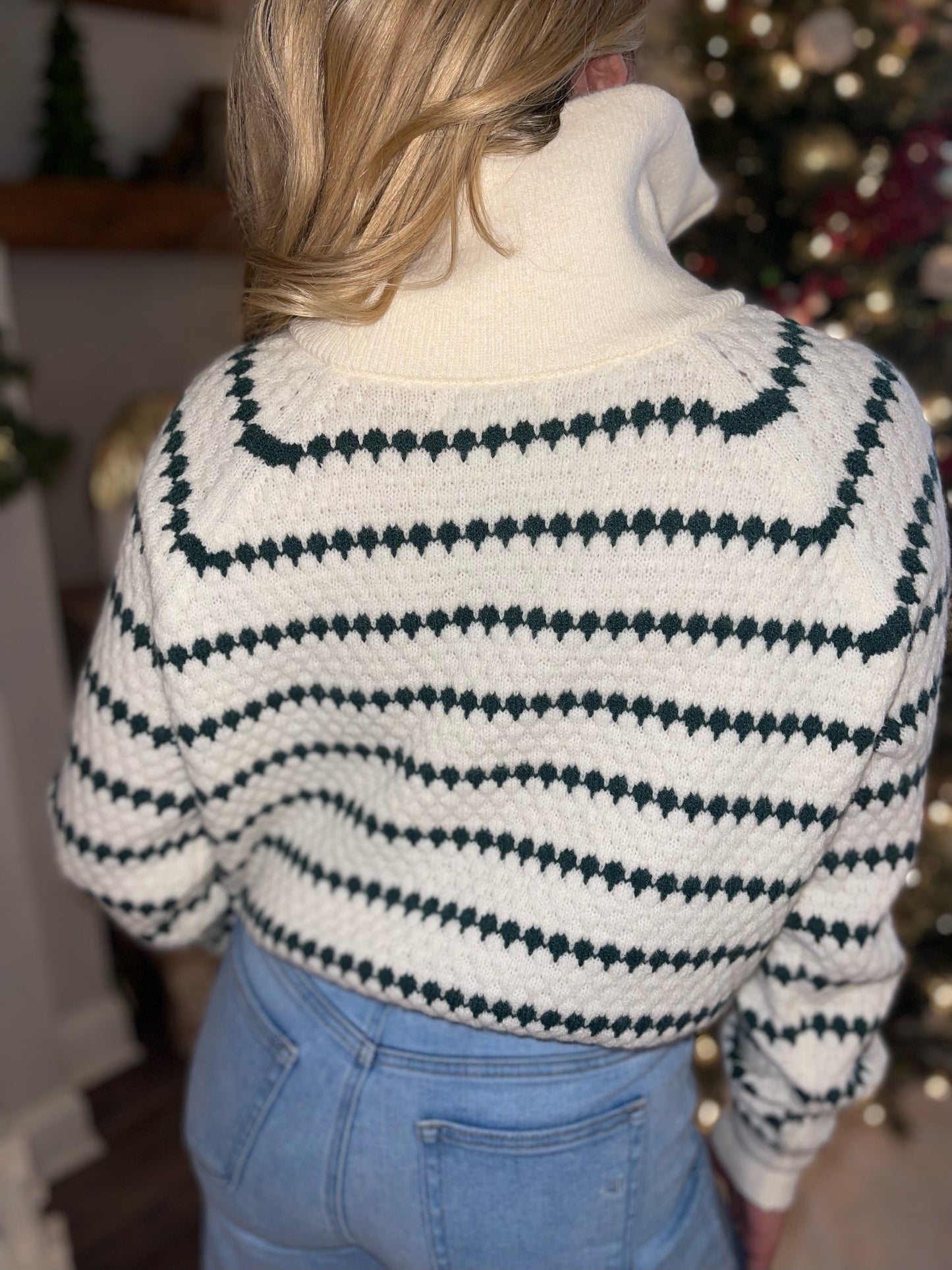 Striped Collared Sweater Top Hunter Green Quarter Zip