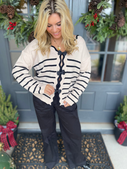 Black and Cream Stripped Sweater with Bows