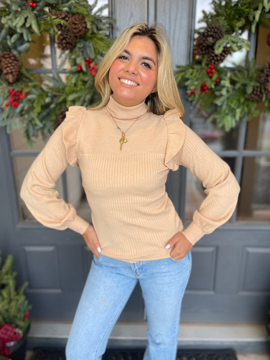 Shoulder Ruffle Turtle Neck Sweater Sand