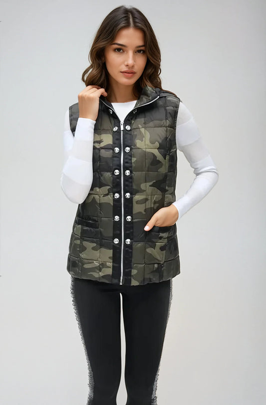 Ciao Milano Celia Camo Puffer Vest with Stone Detail and Hood