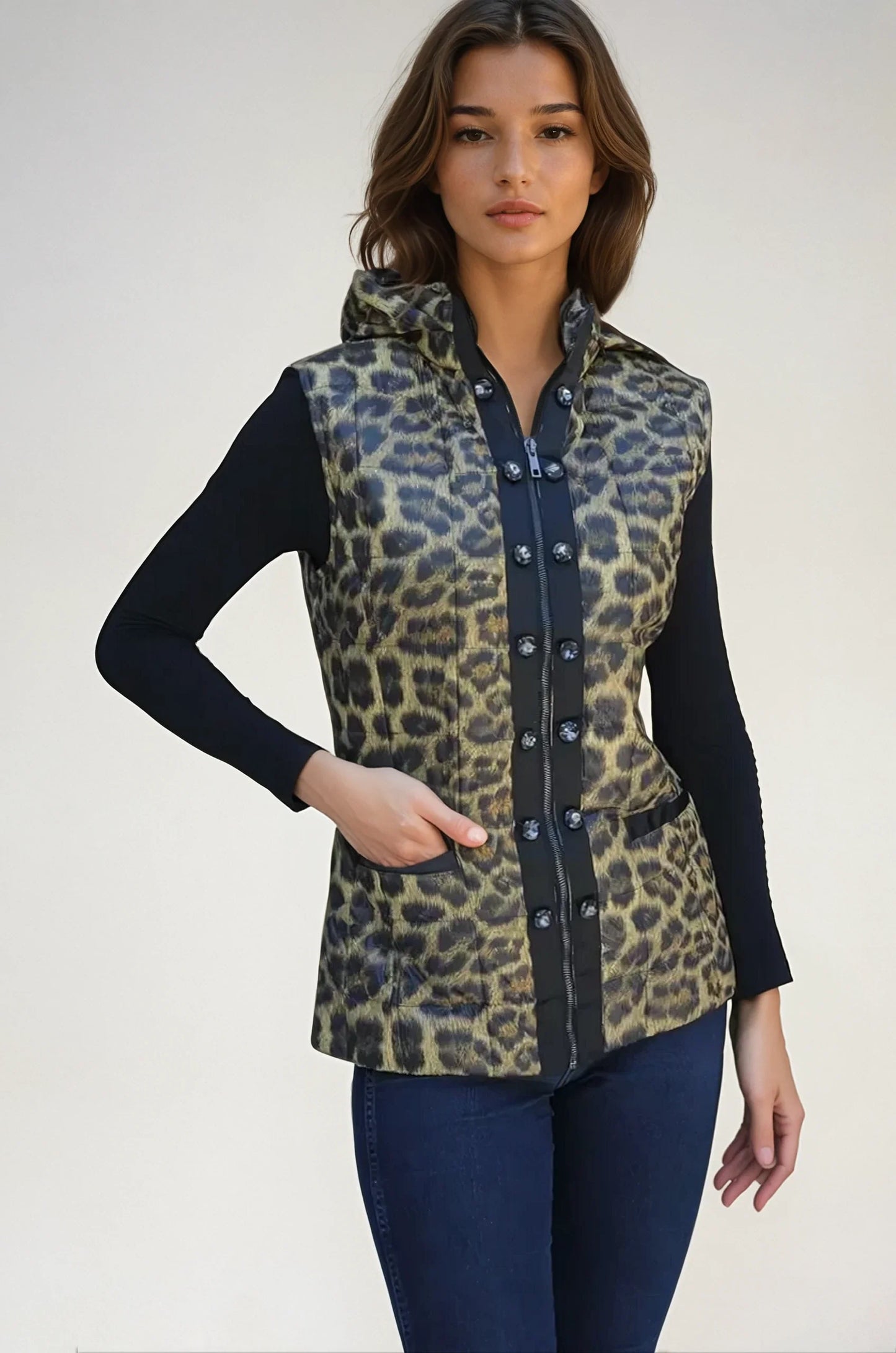 Ciao Milano Celia Leopard Down Puffer Vest with Stones and Hood