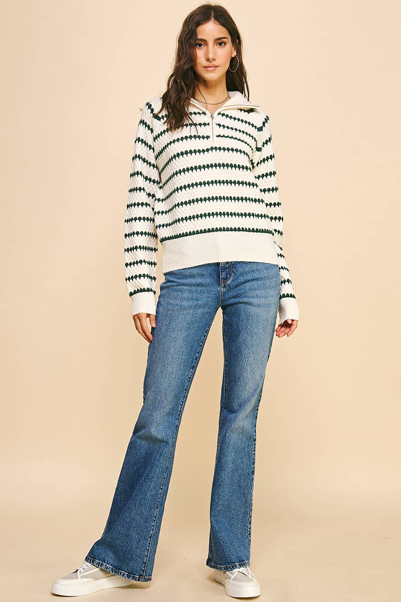 Striped Collared Sweater Top Hunter Green Quarter Zip