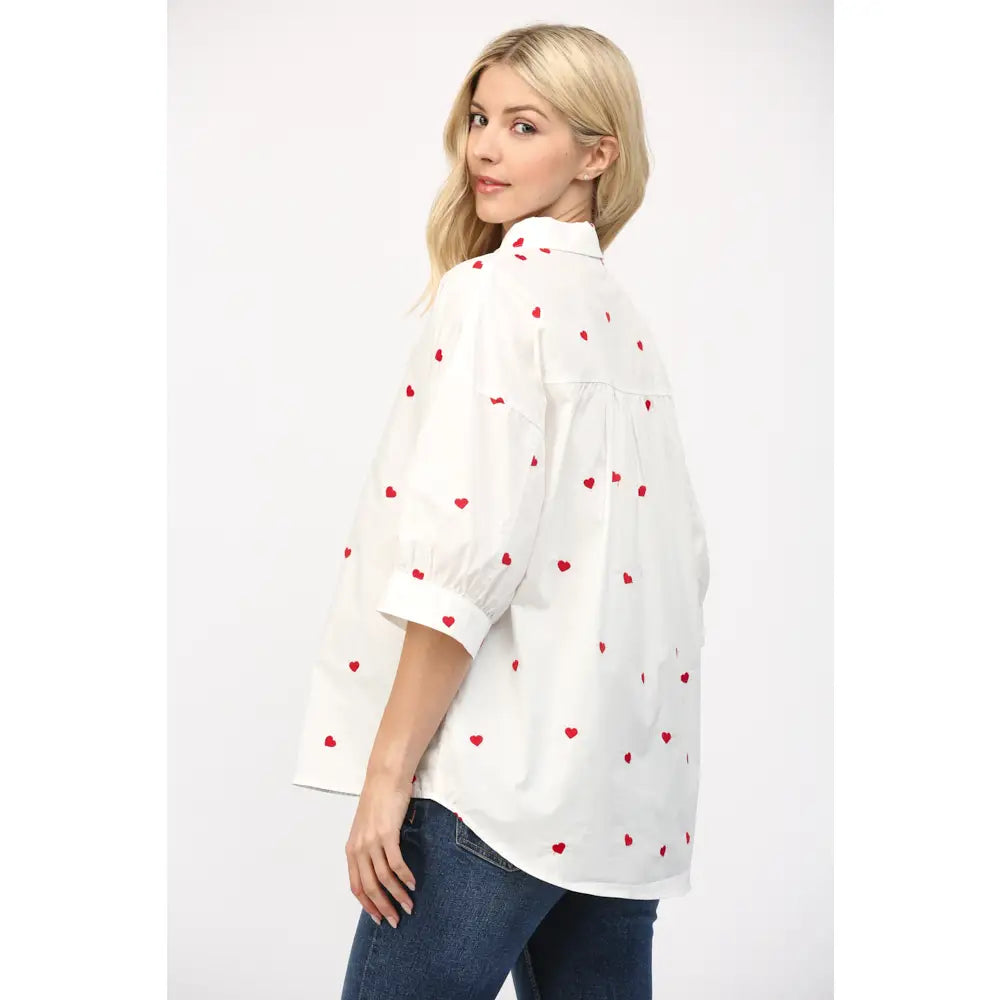 Heart Short Sleeve Puff Button Down