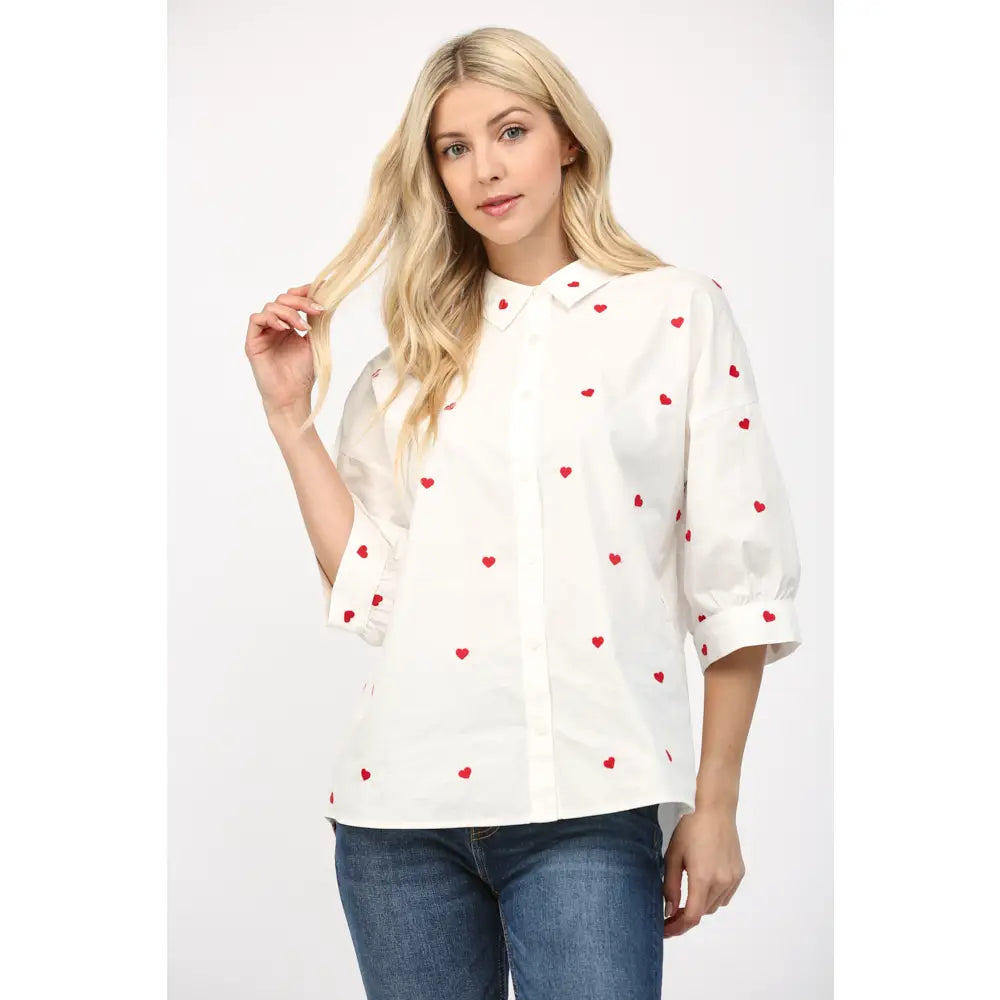 Heart Short Sleeve Puff Button Down