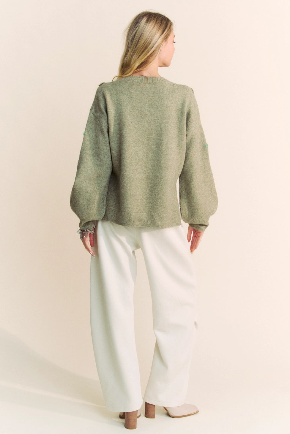 Olive Sage Flower Embroidered Loose Fit Sweater