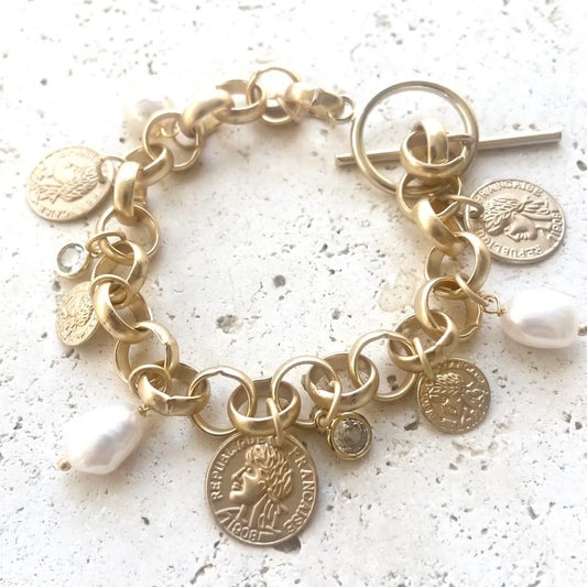 French Coin Charm Bracelet With Pearls