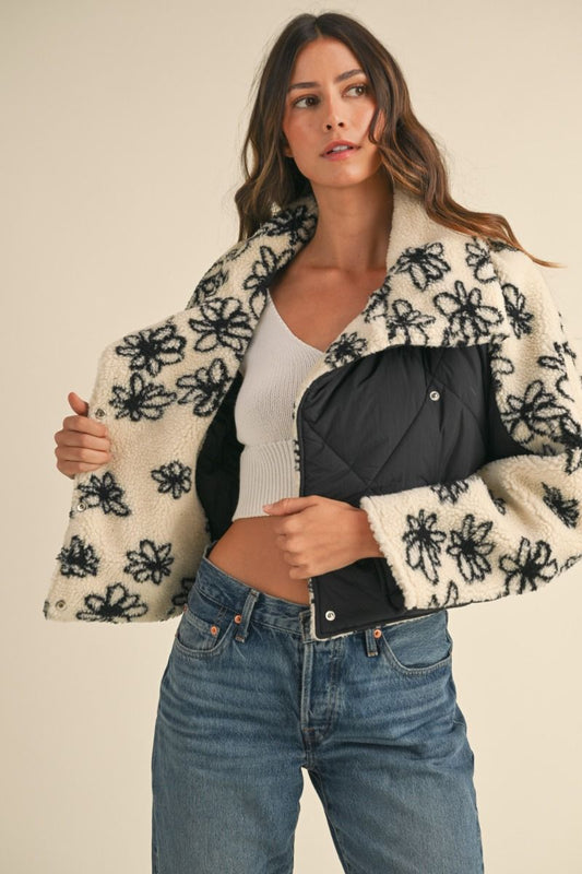 Cropped Oversized Quilted Jacket with Floral Shearling Liner