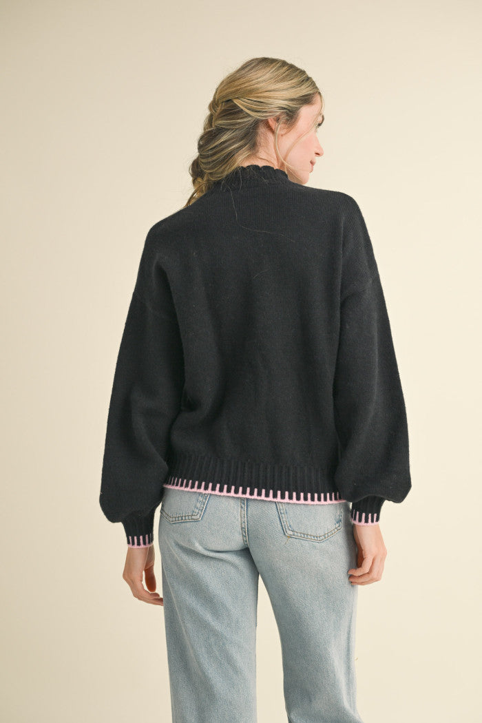 Hand Embroidered Scalloped Sweater Black Pink