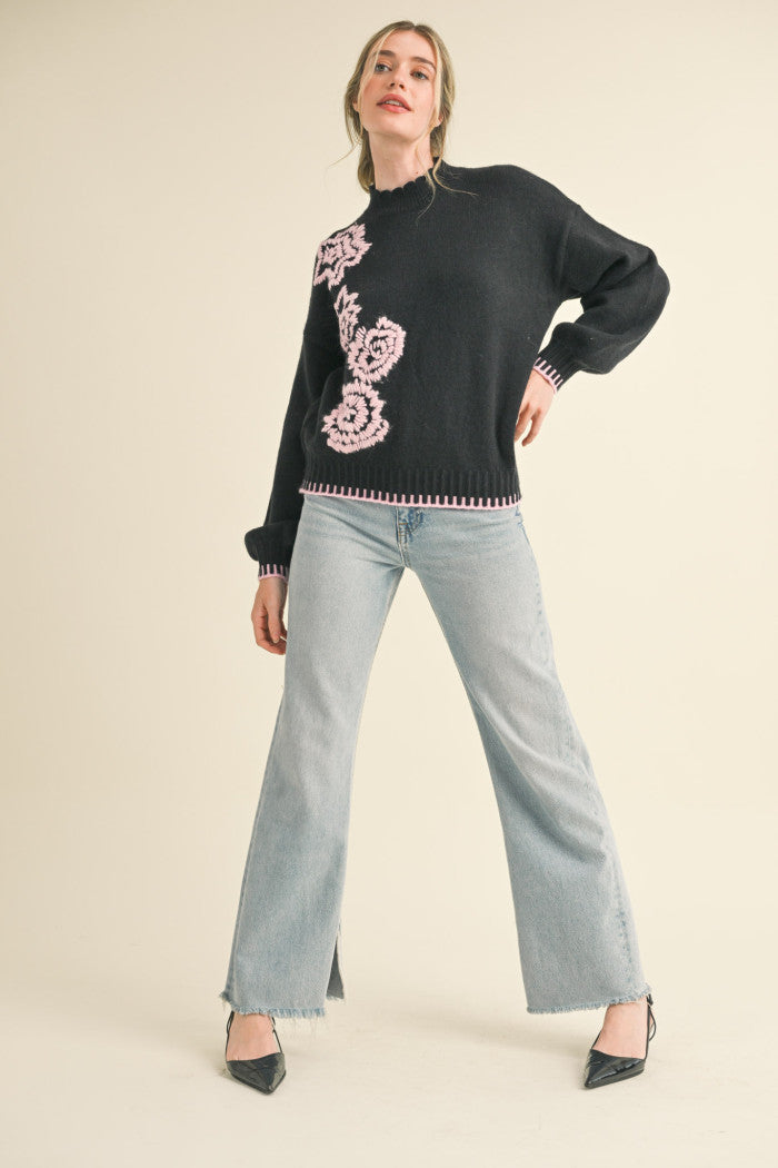 Hand Embroidered Scalloped Sweater Black Pink