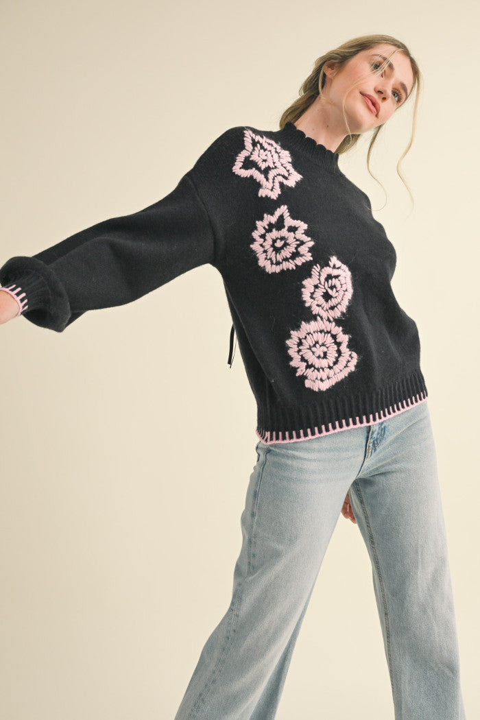 Hand Embroidered Scalloped Sweater Black Pink