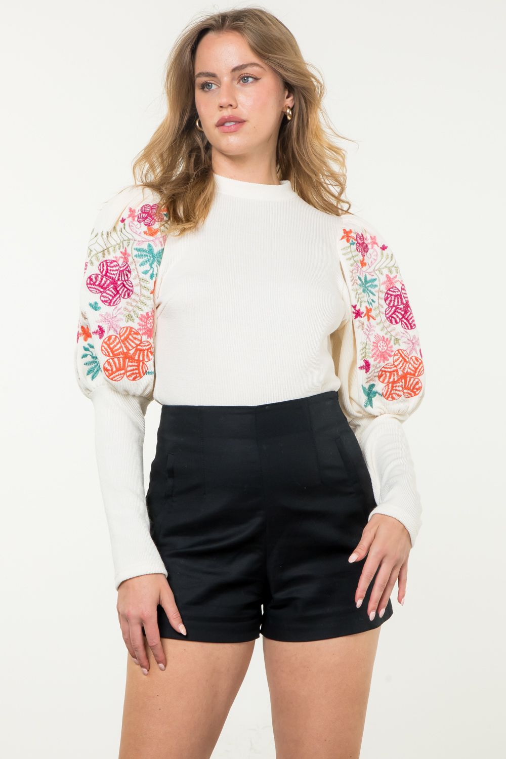 THML Floral Embroidered Balloon Sleeve Sweater