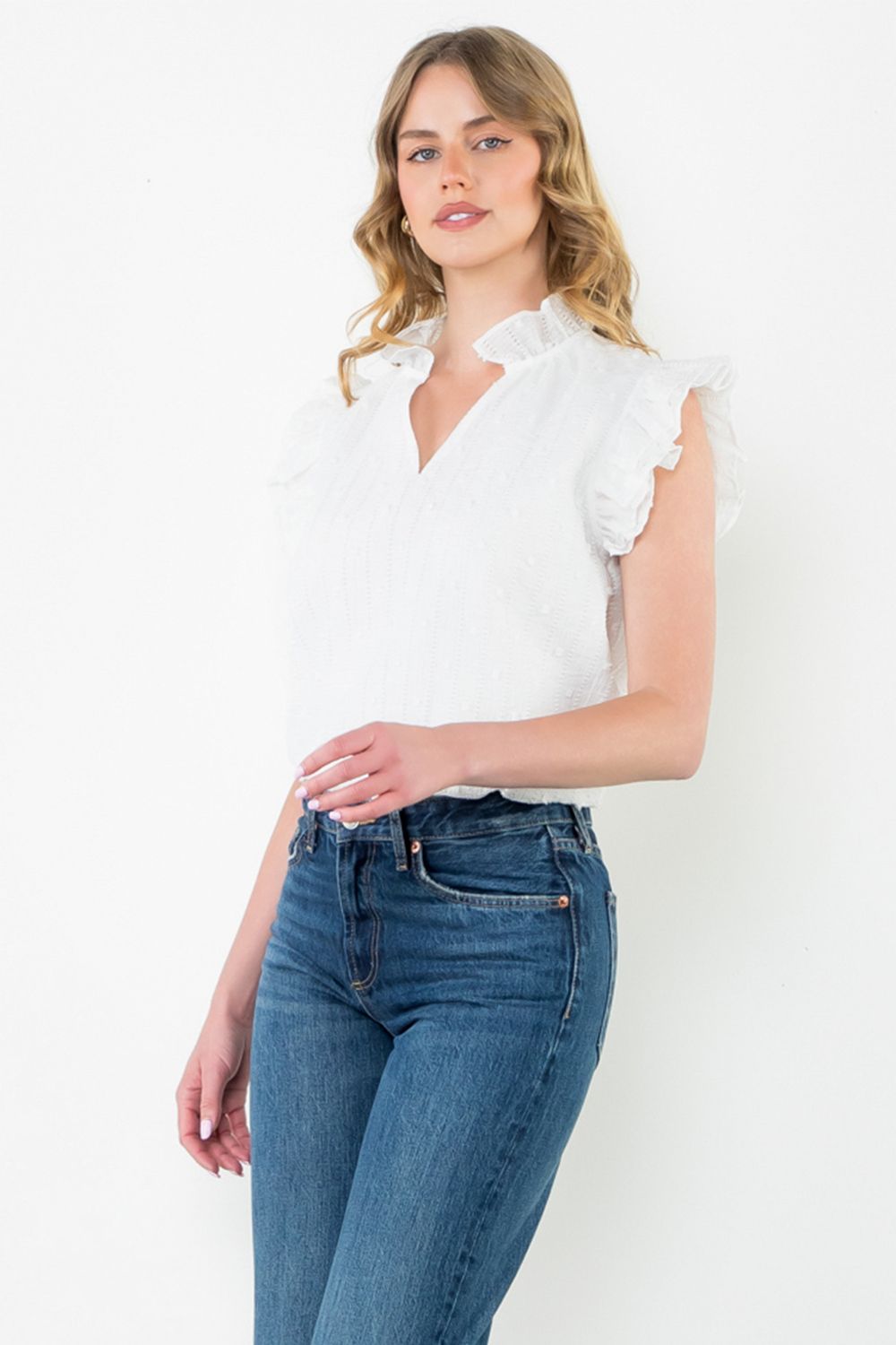 THML Flutter Sleeve Textured Top White