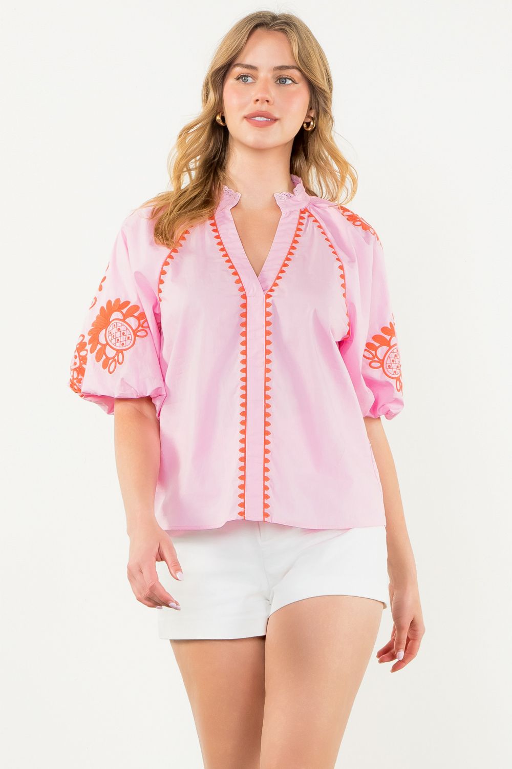 THML Pink Embroidered Puff Sleeve Top