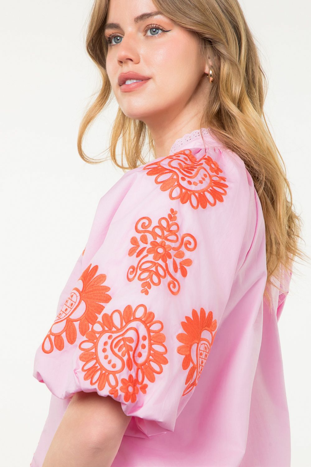 THML Pink Embroidered Puff Sleeve Top