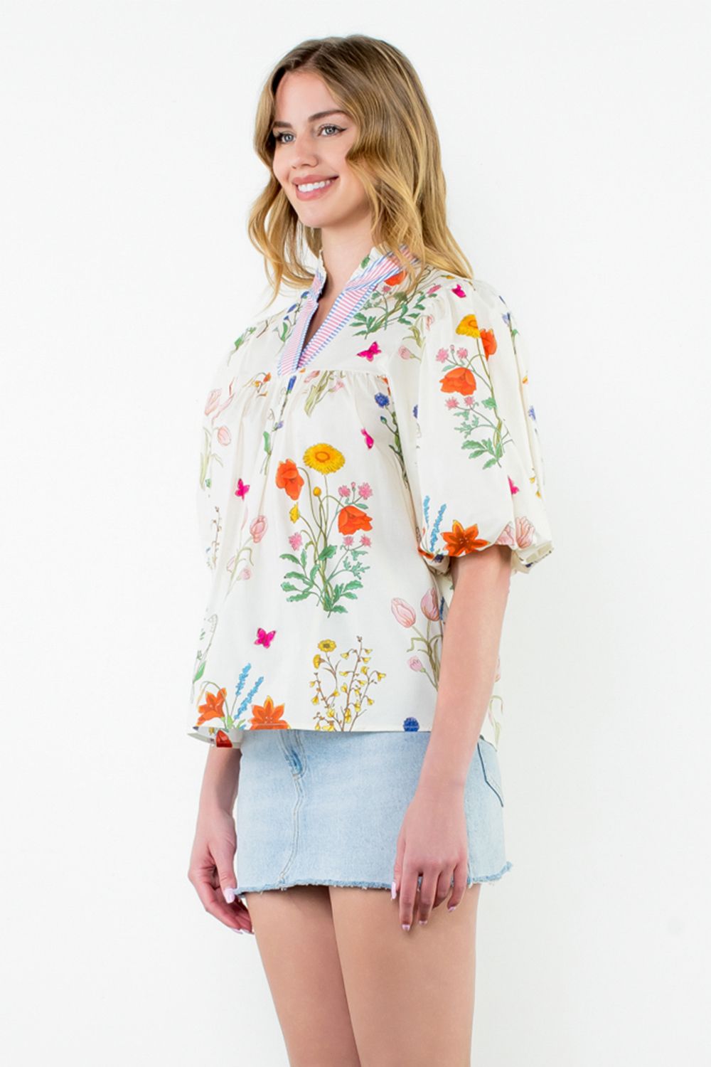 THML Puff Sleeve Cream Floral Print Top