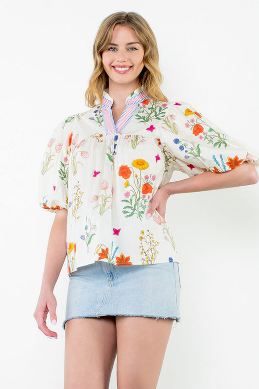 THML Puff Sleeve Cream Floral Print Top