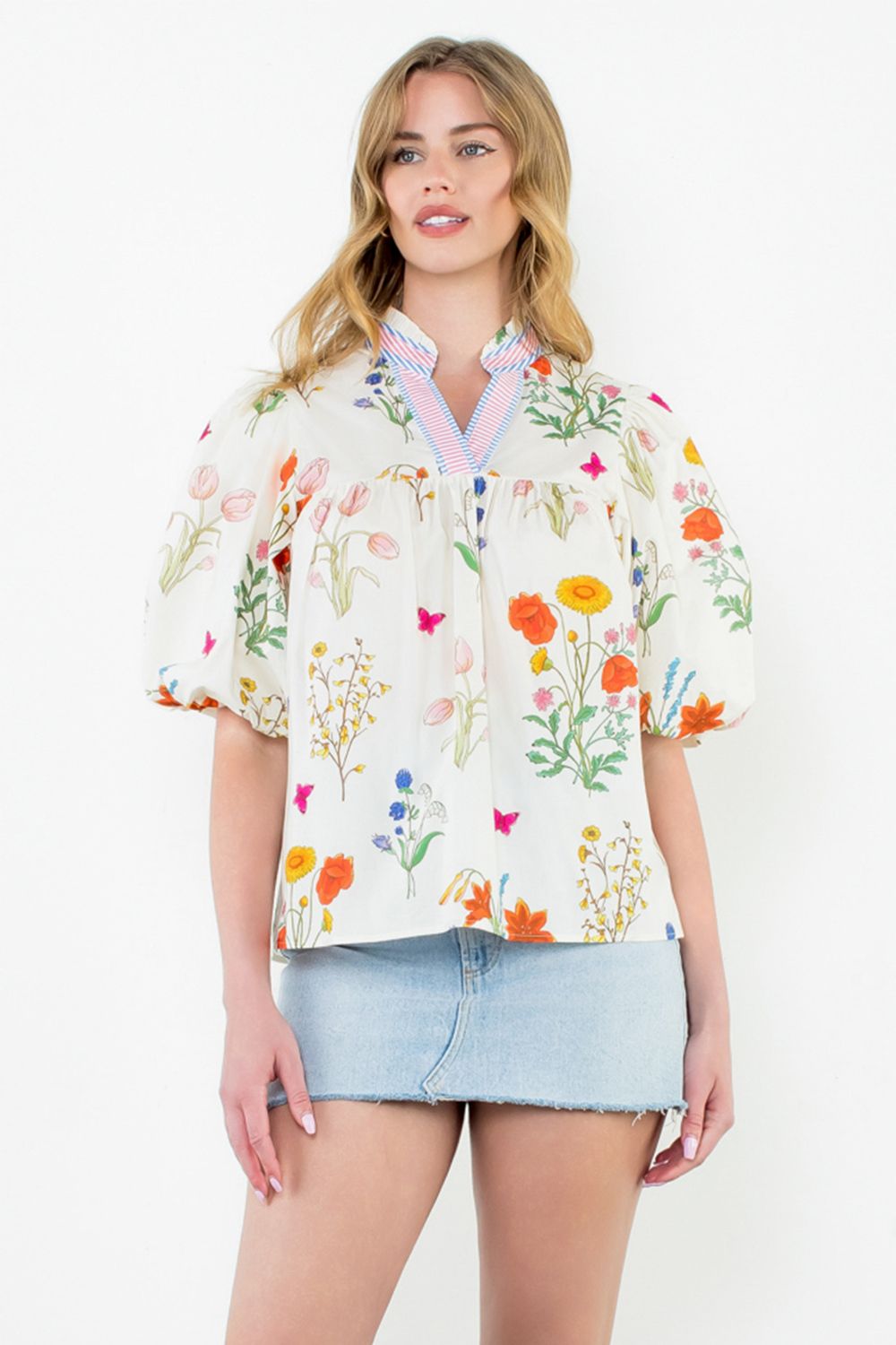 THML Puff Sleeve Cream Floral Print Top