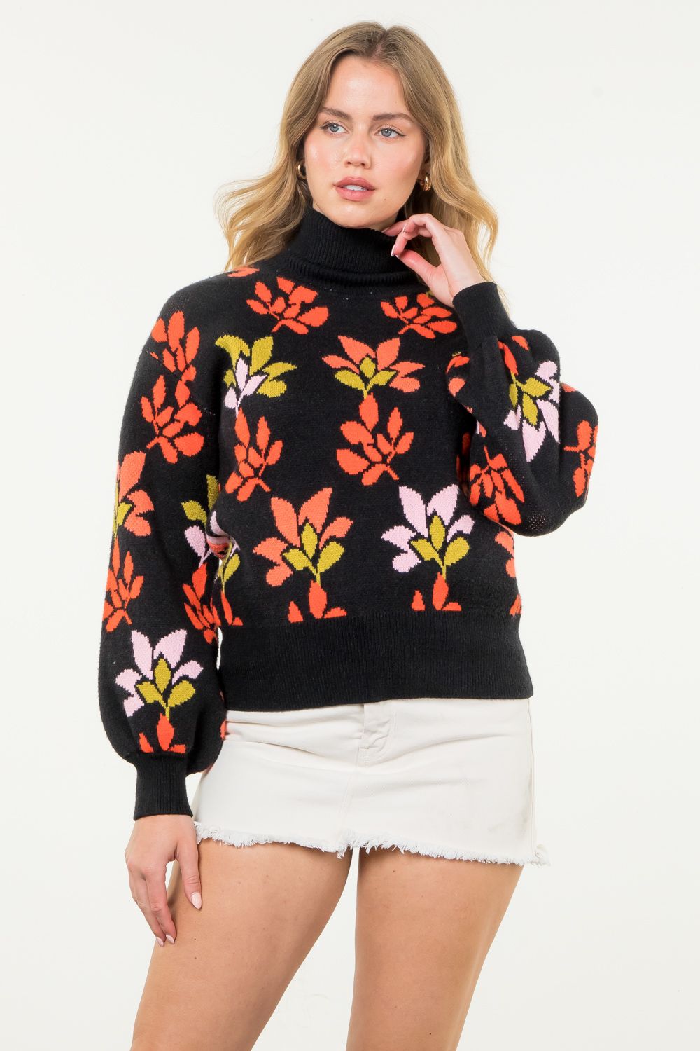 THML Floral Turtleneck Knit Sweater